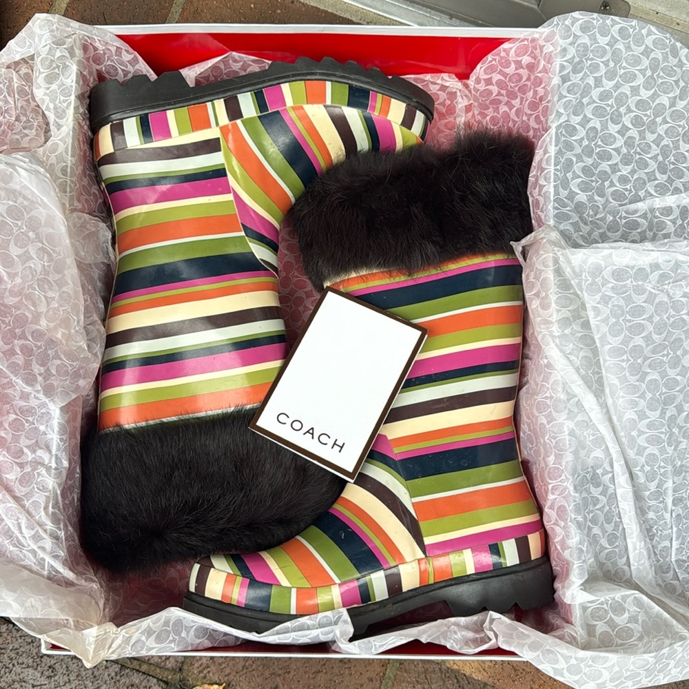 Multi color Coach Galoshes. Vintage. Rabbit fur trim.